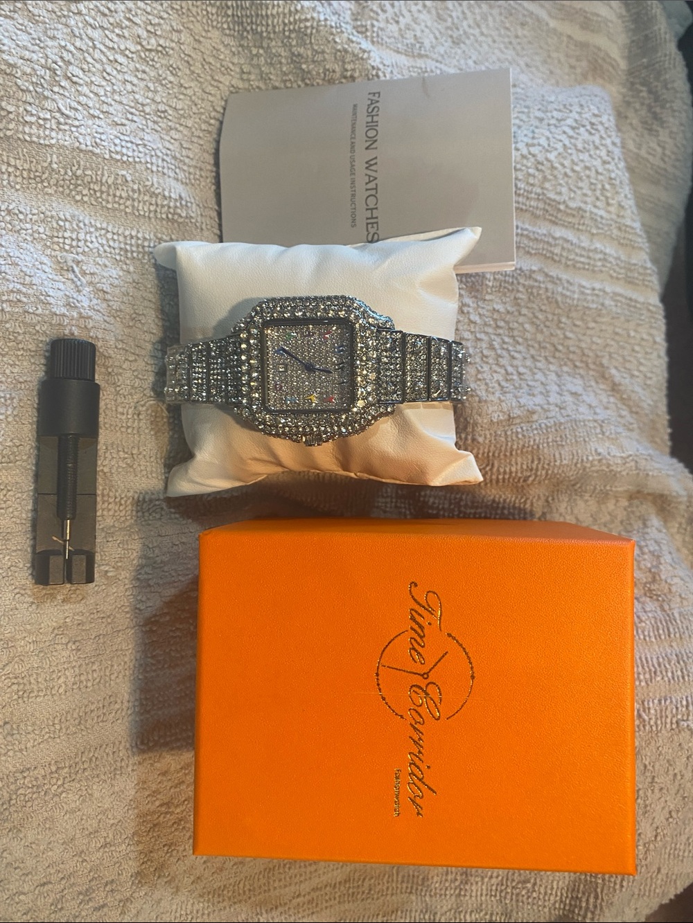 Time Corridor oversized moissanite stainless steel quartz watch.